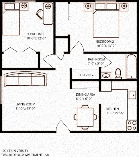 Floor plan for 2 beds, 1 bath, 800 sqft